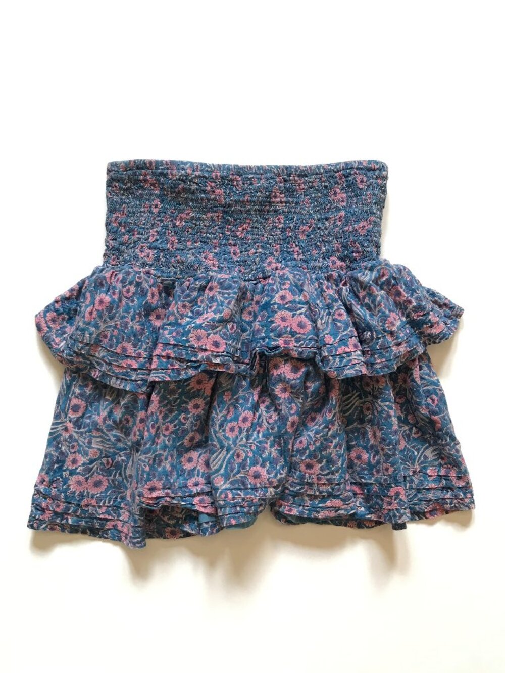 Cleobella Floral Ruffle Mini Skirt Womens Small Blue Pink Smocked Waist Tiered